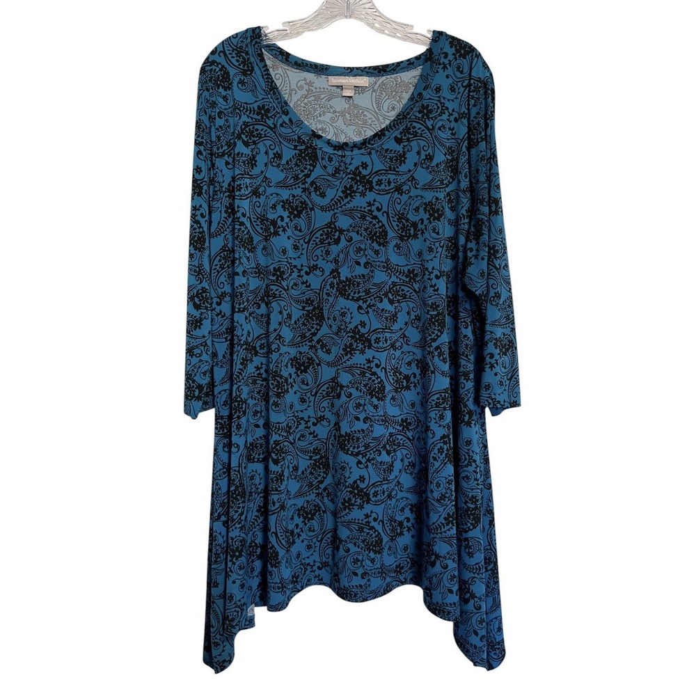 Woman Within Sz 22/24 Tunic Sharkbite Plus Size Deep Teal Black Paisley Floral